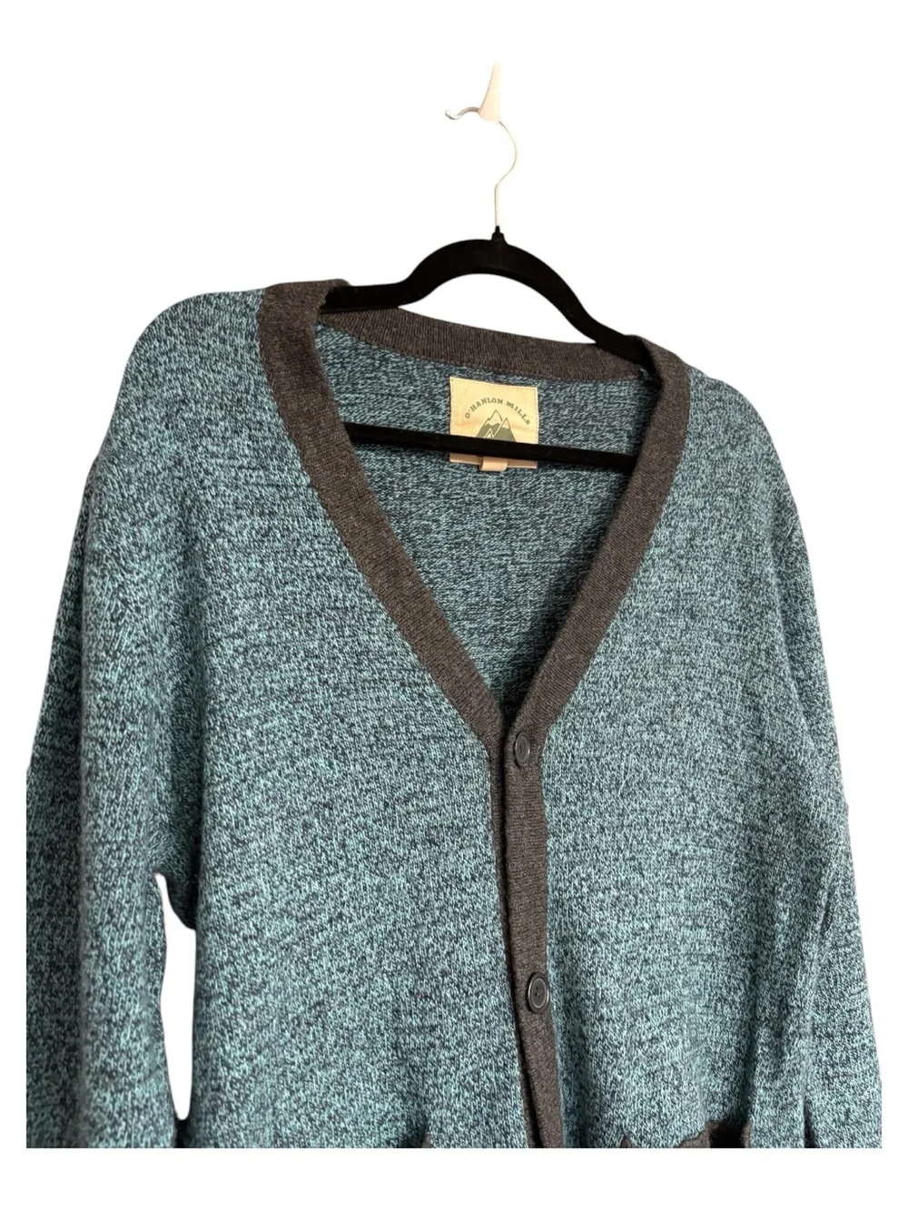O’Hanlon Mills Blue Marled Lambswool Blend Button Front Cardigan Sweater Small